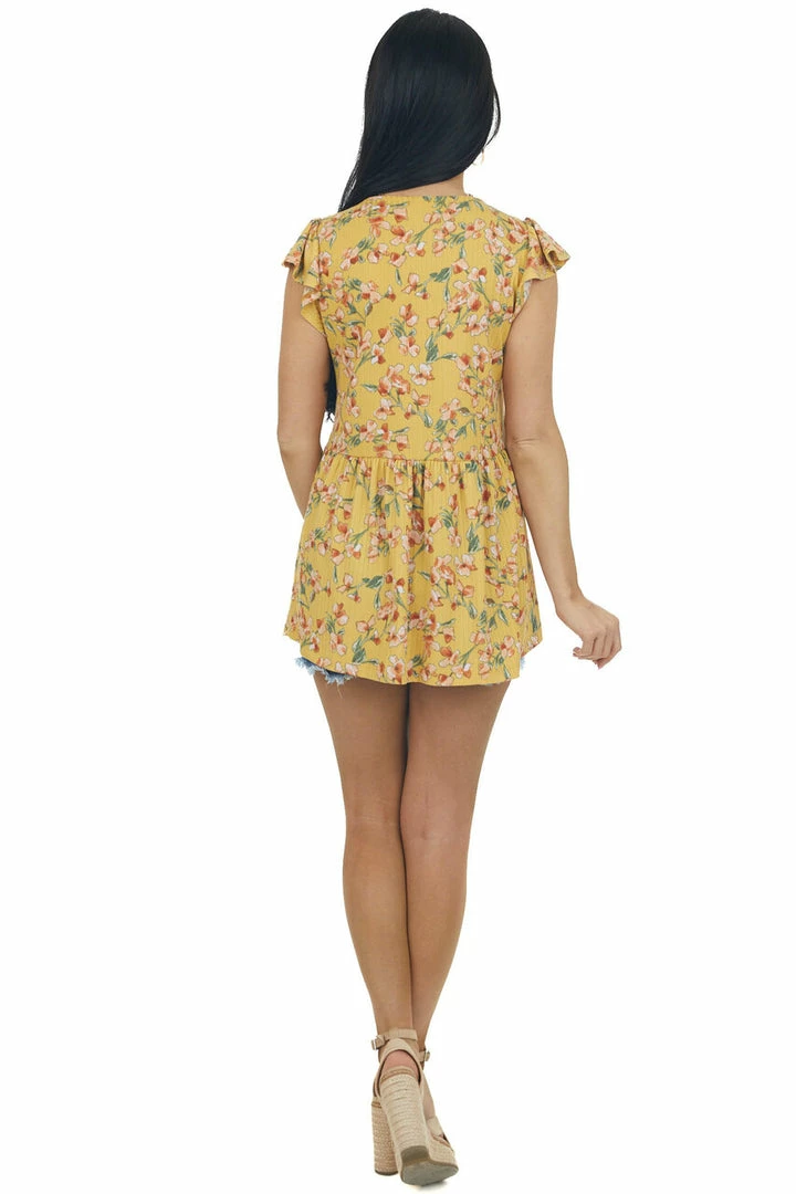 Staccato Mustard Floral Print Ribbed Knit Babydoll Top Tops 7 Staccato Mustard Floral Print Ribbed Knit Babydoll Top Tops