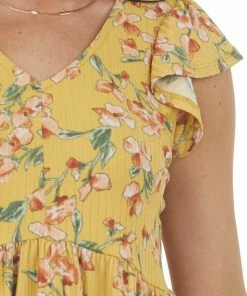 Staccato Mustard Floral Print Ribbed Knit Babydoll Top Tops 13 Staccato Mustard Floral Print Ribbed Knit Babydoll Top Tops