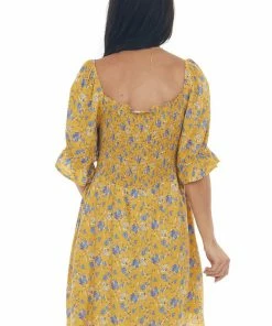 Davi & Dani Dresses Mustard Floral Smocked 3-4 Ruffle Sleeve Dress
