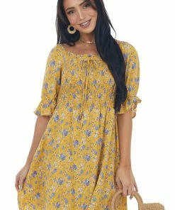 Davi & Dani Dresses Mustard Floral Smocked 3-4 Ruffle Sleeve Dress
