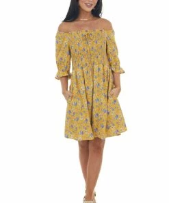 Davi & Dani Dresses Mustard Floral Smocked 3-4 Ruffle Sleeve Dress