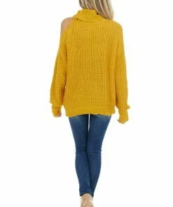 La Miel Mustard Long Sleeve Knit Sweater With Cold Shoulder