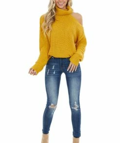 La Miel Mustard Long Sleeve Knit Sweater With Cold Shoulder