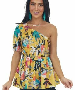 Jodifl Mustard Multi Floral One Shoulder Smocked Top
