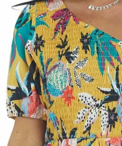 Jodifl Mustard Multi Floral One Shoulder Smocked Top 22 Jodifl Mustard Multi Floral One Shoulder Smocked Top