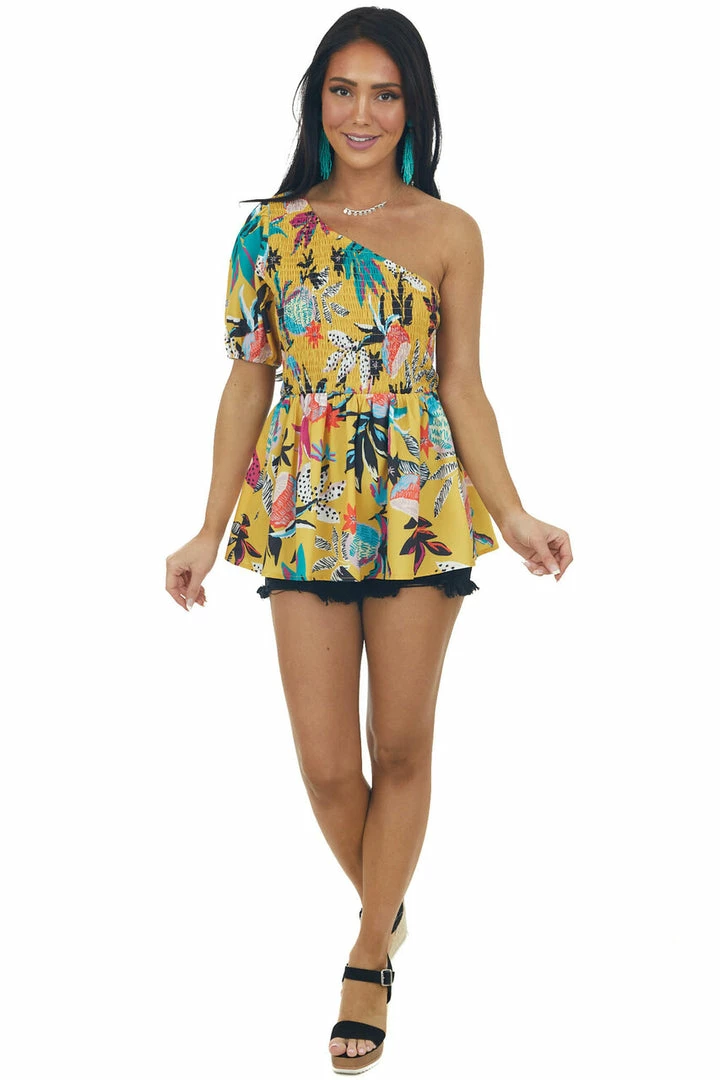 Jodifl Mustard Multi Floral One Shoulder Smocked Top 4 Jodifl Mustard Multi Floral One Shoulder Smocked Top