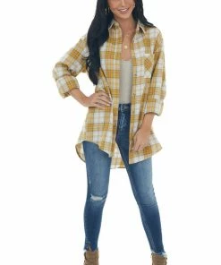 La Miel Mustard Plaid Single Chest Pocket Flannel