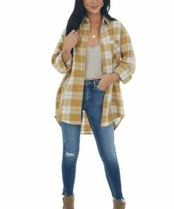La Miel Mustard Plaid Single Chest Pocket Flannel