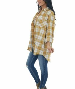 La Miel Mustard Plaid Single Chest Pocket Flannel