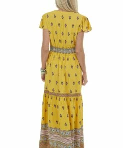Ces Femme Dresses Mustard Printed Surplice Woven Maxi Dress