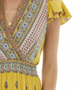 Ces Femme Dresses Mustard Printed Surplice Woven Maxi Dress