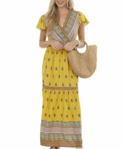 Ces Femme Dresses Mustard Printed Surplice Woven Maxi Dress