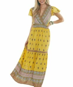 Ces Femme Dresses Mustard Printed Surplice Woven Maxi Dress