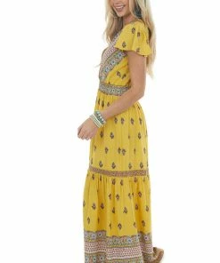 Ces Femme Dresses Mustard Printed Surplice Woven Maxi Dress