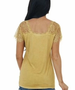 POL Clothing Tops Mustard Scoop Neck Top With Sheer Lace Sleeves And Fringe