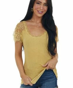 POL Clothing Tops Mustard Scoop Neck Top With Sheer Lace Sleeves And Fringe