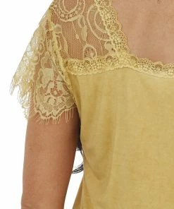 POL Clothing Tops Mustard Scoop Neck Top With Sheer Lace Sleeves And Fringe