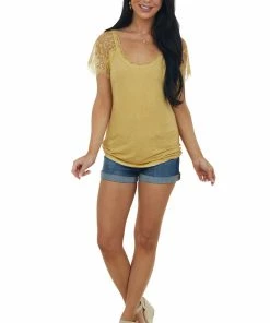 POL Clothing Tops Mustard Scoop Neck Top With Sheer Lace Sleeves And Fringe