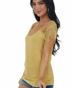 POL Clothing Tops Mustard Scoop Neck Top With Sheer Lace Sleeves And Fringe