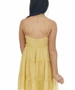 Sweet Lemon Dresses Mustard Sleeveless Ruffle Tiered Mini Dress 14 Sweet Lemon Dresses Mustard Sleeveless Ruffle Tiered Mini Dress