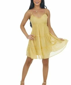 Sweet Lemon Dresses Mustard Sleeveless Ruffle Tiered Mini Dress 12 Sweet Lemon Dresses Mustard Sleeveless Ruffle Tiered Mini Dress