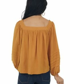 She + Sky Tops Mustard Square Neck Pleated Puff Sleeve Blouse
