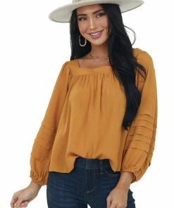 She + Sky Tops Mustard Square Neck Pleated Puff Sleeve Blouse