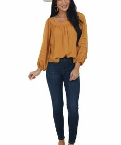 She + Sky Tops Mustard Square Neck Pleated Puff Sleeve Blouse