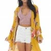 Davi & Dani Mustard Yellow Floral Print Kimono With Flare Sleeves Kimonos 1 Davi & Dani Mustard Yellow Floral Print Kimono With Flare Sleeves Kimonos