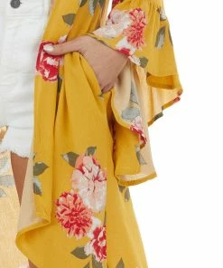 Davi & Dani Mustard Yellow Floral Print Kimono With Flare Sleeves Kimonos