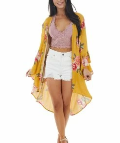Davi & Dani Mustard Yellow Floral Print Kimono With Flare Sleeves Kimonos