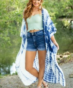 Bluivy Navy And Pearl Tie Dye Open Front 3/4 Sleeve Woven Kimono Tops