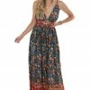 Dress Day Navy And Red Floral Print Backless Maxi Dress Dresses
