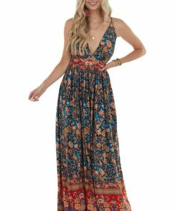Dress Day Navy And Red Floral Print Backless Maxi Dress Dresses
