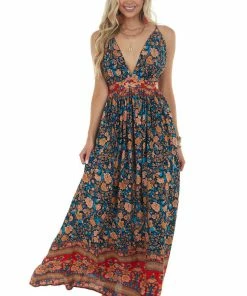 Dress Day Navy And Red Floral Print Backless Maxi Dress Dresses