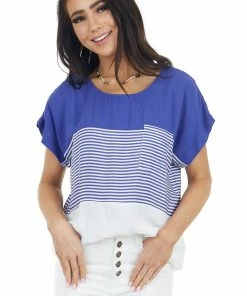 Staccato Tops Royal Blue And White Colorblock Striped Short Sleeve Top