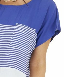 Staccato Tops Royal Blue And White Colorblock Striped Short Sleeve Top