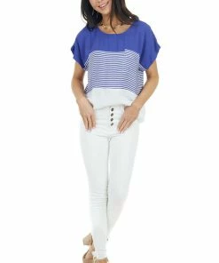 Staccato Tops Royal Blue And White Colorblock Striped Short Sleeve Top