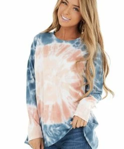 FSL APPAREL Navy Blue And Salmon Tie Dye Long Sleeve Knit Crewneck Top Tops