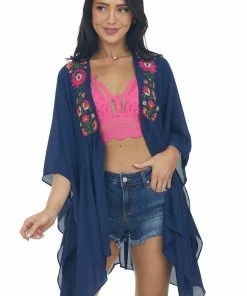 Umgee Navy Blue Floral Embroidered Waist Tie Kimono Tops