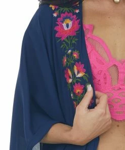Umgee Navy Blue Floral Embroidered Waist Tie Kimono Tops