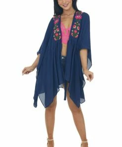 Umgee Navy Blue Floral Embroidered Waist Tie Kimono Tops