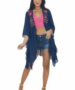 Umgee Navy Blue Floral Embroidered Waist Tie Kimono Tops