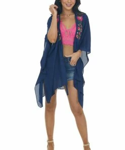Umgee Navy Blue Floral Embroidered Waist Tie Kimono Tops
