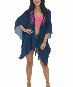 Umgee Navy Blue Floral Embroidered Waist Tie Kimono Tops