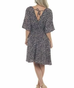 Staccato Navy Blue Leopard Print Surplice Half Sleeve Short Dress