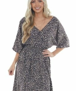 Staccato Navy Blue Leopard Print Surplice Half Sleeve Short Dress