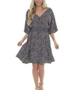 Staccato Navy Blue Leopard Print Surplice Half Sleeve Short Dress