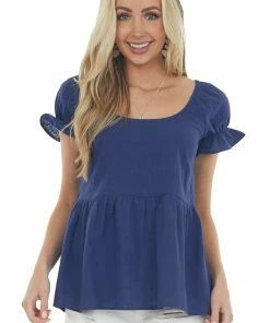 Miss Sparkling Navy Blue Puff Sleeve Peplum Blouse Tops