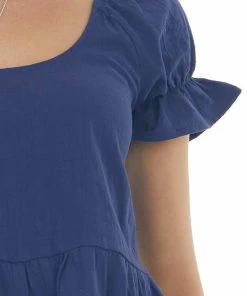Miss Sparkling Navy Blue Puff Sleeve Peplum Blouse Tops